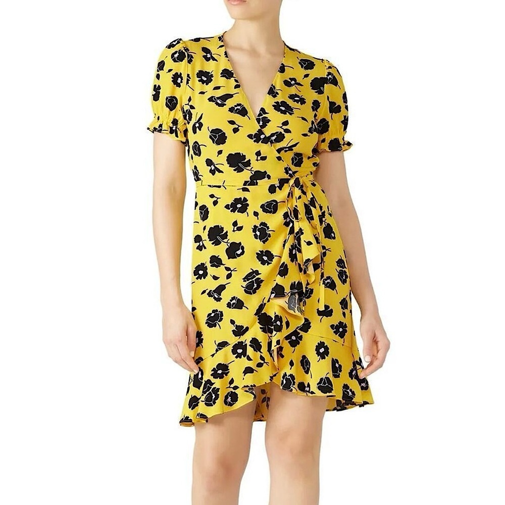 Diane Von Furstenberg‎ Emilia Short Sleeve Wrap Floral Mini Dress Yellow Black 2